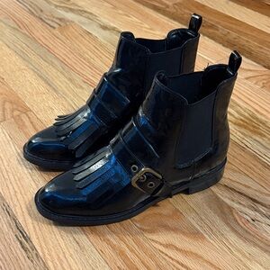 Marc Fisher Black Patent Leather Fringe Chelsea Boots with Buckle